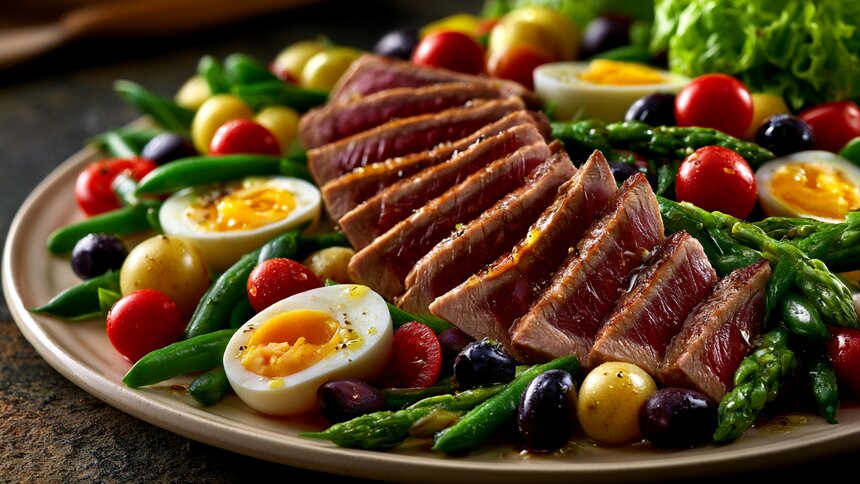 Как сделать обед лёгким, вкусным и сытным: готовим настоящий салат Нисуаз с тунцом и хрустящими овощами - Новости Калининграда | Иллюстрация: Алиса Игонина / «Клопс»