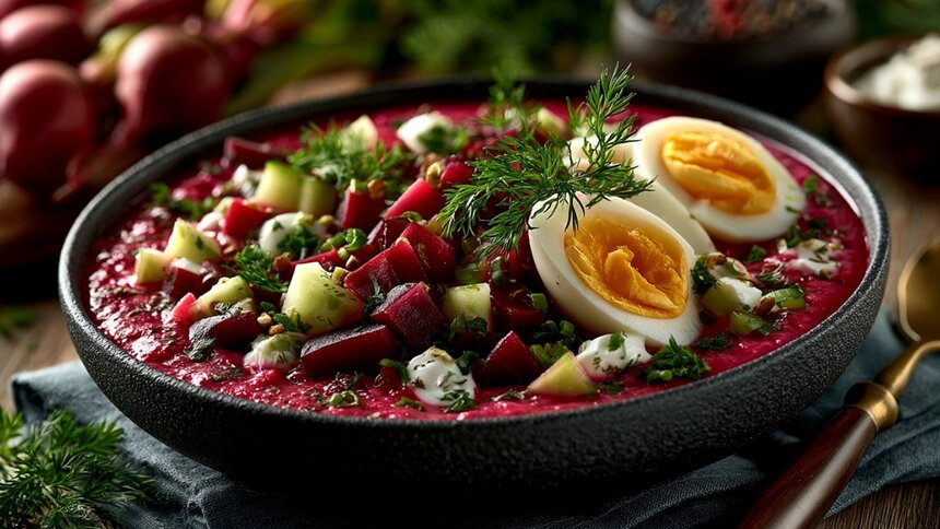 Прохлада, заряд витаминов и сытость на весь день: как приготовить вкусный свекольник со сметаной и зеленью - Новости Калининграда | Иллюстрация: Ксения Александрова / «Клопс»