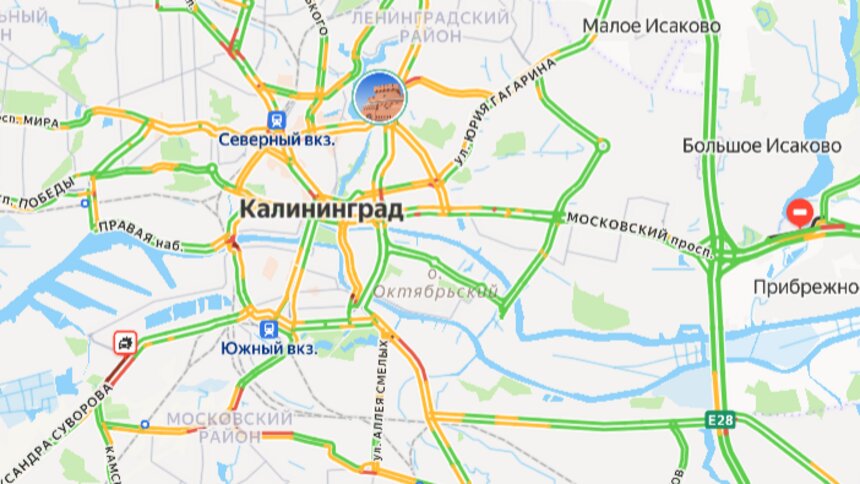 Одна авария: карта пробок в Калининграде на утро среды - Новости Калининграда | Скриншот сервиса «Яндекс. Карты»
