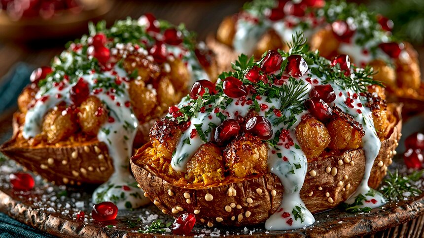 Разнообразие вкуса и текстур в одной тарелке: запекаем ароматный батат с нутом, карри и йогуртовым соусом - Новости Калининграда | Иллюстрация: Ксения Александрова / «Клопс»