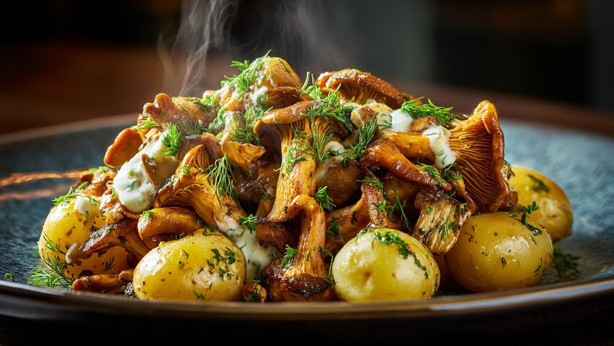 Главное грибное блюдо лета: как вкусно приготовить лисички с картошкой и сметаной — проверенный рецепт - Новости Калининграда | Иллюстрация: Алиса Игонина / «Клопс»