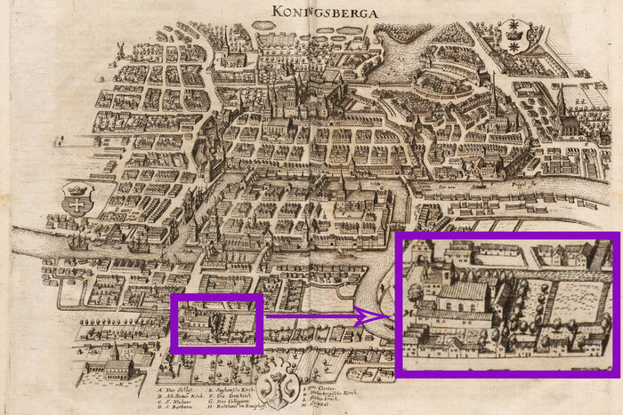 Гравюра с изображением Кенигсберга из издания Merian M. Topographia Prussiae et Pomerelliae // Topographia Electoratus Brandenburgici et Ducatus Pomeraniae. Topographia Germaniae. 1652. Сегодня это сквер, ограниченный Ленинским проспектом, Краснооктябрьской и Мореходной улицами и Мореходным переулком | Фото: Институт археологии РАН