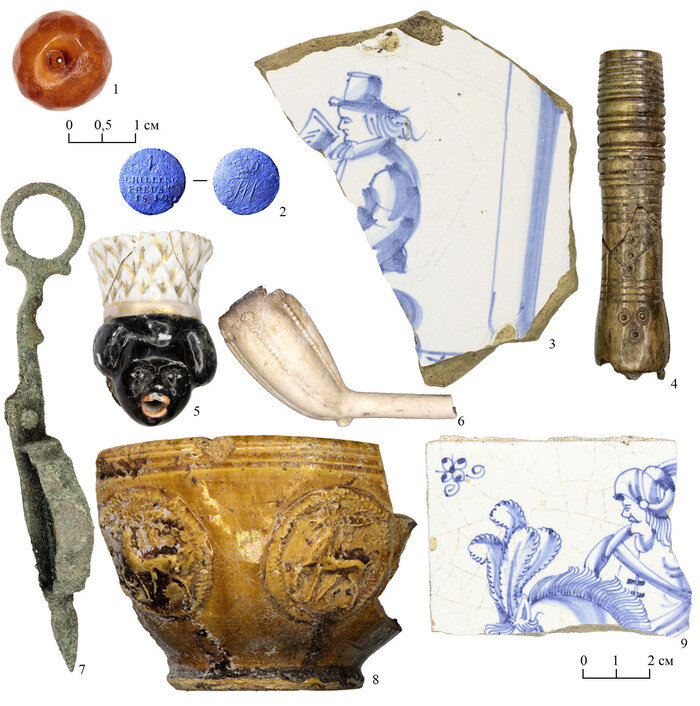 1 – бусина янтарная граненая (XVIII – нач. XIX в.); 2 – 1 шиллинг Фридриха Вильгельма III (1810 г.); 3 – тарелка поливная (XVIII – нач. XIX в.); 4 – рукоять костяная (XVIII – нач. XIX в.); 5 – навершие кувшина (XVIII – нач. XIX в.); 6 – трубка курительная (кон. XVIII – нач. XIX в.); 7 – ножницы свечные (XVIII – нач. XIX в.); 8 – чаша поливная с изображением косули (XVIII – нач. XIX в.); 9 – плитка отделочная поливная (XVIII – нач. XIX в.) | Фото: сайт Института археологии РАН