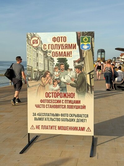 На улицах Зеленоградска поставили баннеры с призывом не фотографироваться с декоративными голубями (фото) - Новости Калининграда | Фото: сообщество администрации Зеленоградского муниципального округа / «ВКонтакте»