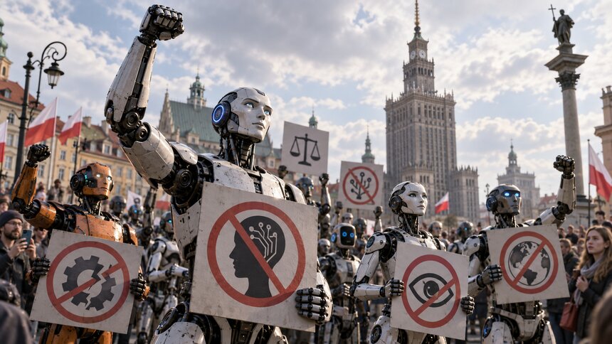 В Варшаве роботы вышли на митинг против бесконтрольного внедрения ИИ - Новости Калининграда | Иллюстрация: нейросети