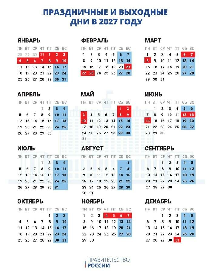 Календарь на 2027 год с выходными днями уже утверждён  | Фото: сайт правительства РФ