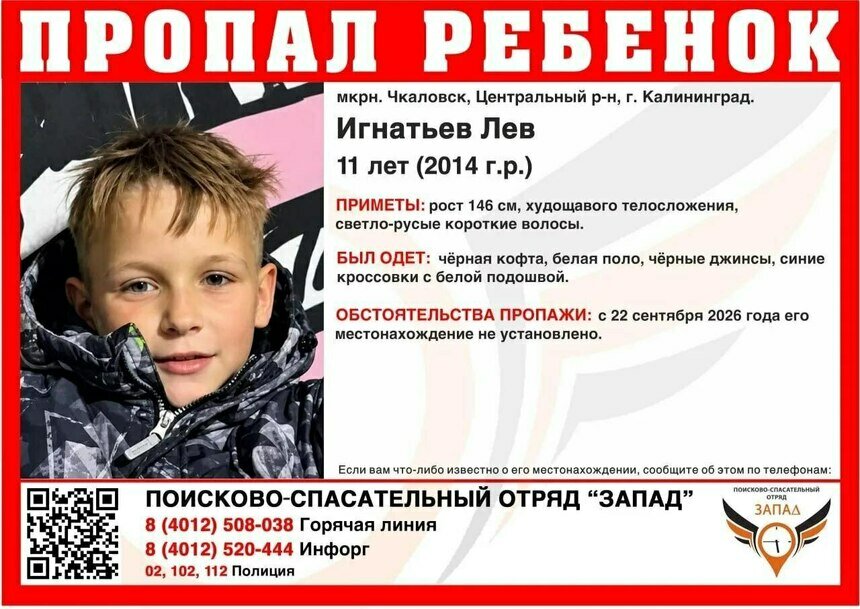 В Калининграде пропал 11-летний мальчик из Чкаловска  - Новости Калининграда | Фото: ПСО «Запад»