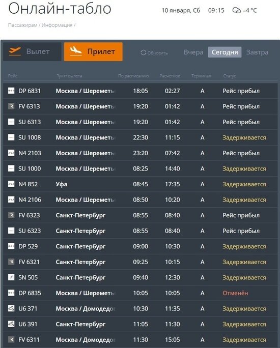 В калининградском Храброво из-за плохой погоды в Москве задержаны и отменены 33 рейса   - Новости Калининграда | Фото: онлайн-табло Храброво