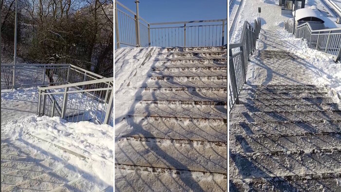 Калининградцы сами вышли чистить снег на Арсенальной и жалуются на опасные лестницы у станции Кутузово-Новое - Новости Калининграда | Фото: «Клопс»