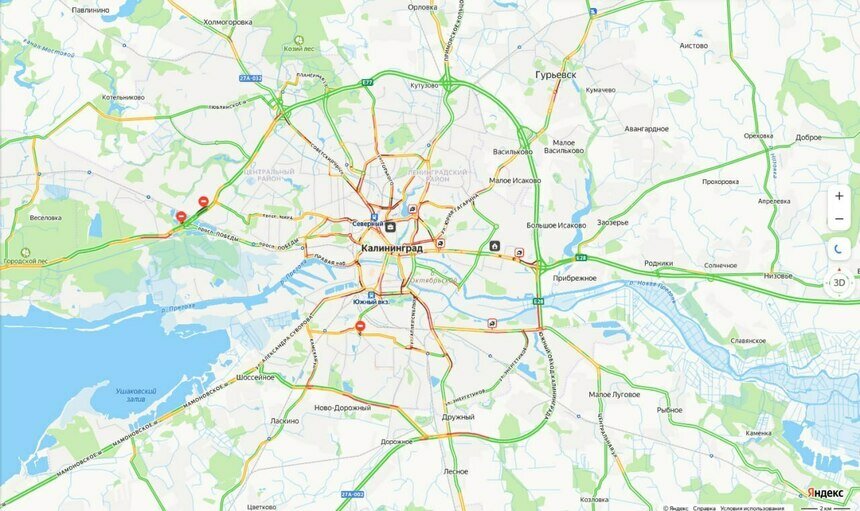 Из-за непогоды в среду вечером калининградцы встали в десятибалльных пробках - Новости Калининграда | Скриншот сервиса «Яндекс.Карты»