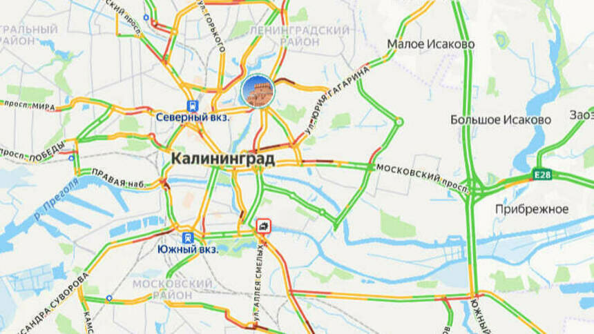 Ситуация — 7 баллов: карта пробок в Калининграде на утро среды - Новости Калининграда | Скриншот сервиса «Яндекс. Карты»