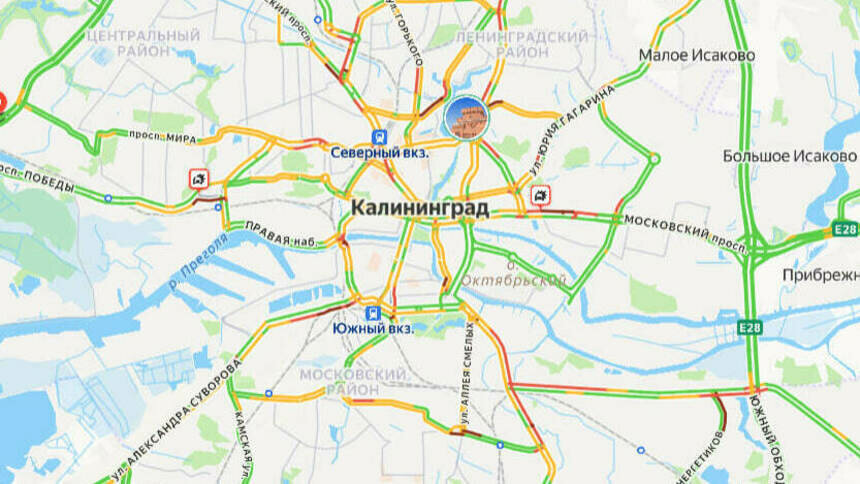 Две аварии: карта пробок в Калининграде на утро пятницы - Новости Калининграда | Скриншот сервиса «Яндекс. Карты»