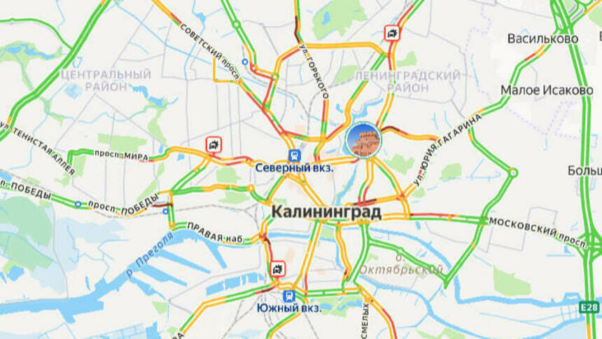 3 ДТП: карта пробок в Калининграде на утро среды - Новости Калининграда | Скриншот сервиса «Яндекс. Карты»