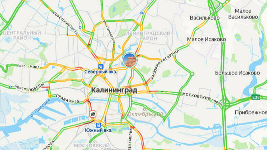 Одна авария: карта пробок в Калининграде на утро вторника - Новости Калининграда | Скриншот сервиса «Яндекс. Карты»