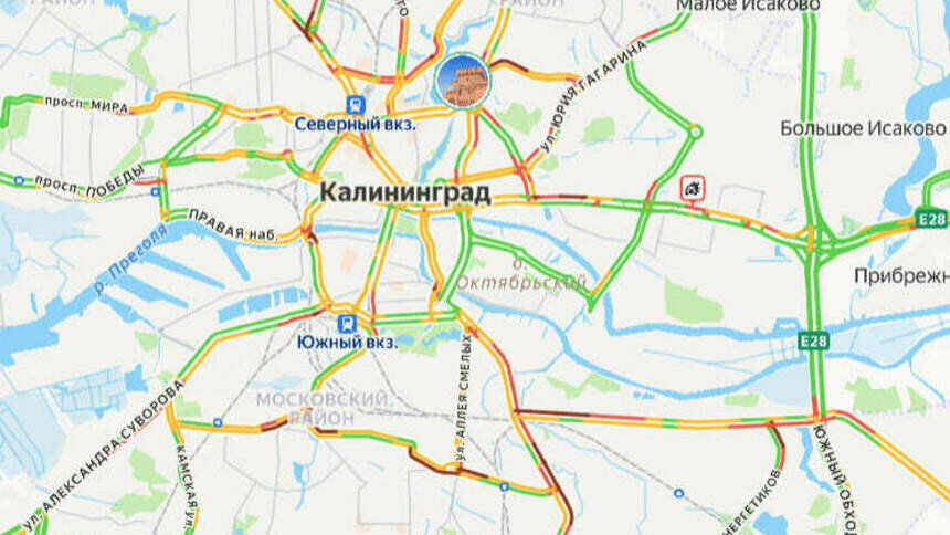 Ситуация — 9 баллов: карта пробок в Калининграде на утро среды - Новости Калининграда | Скриншот сервиса «Яндекс. Карты»