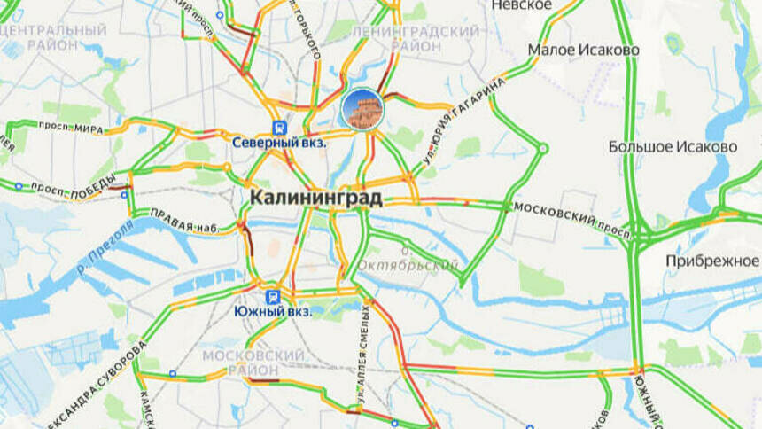В центре проехать сложно: карта пробок в Калининграде на утро пятницы - Новости Калининграда | Скриншот сервиса «Яндекс. Карты»