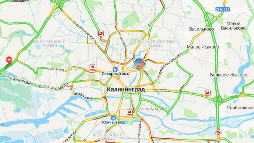 4 ДТП: карта пробок в Калининграде на утро пятницы - Новости Калининграда | Скриншот сервиса «Яндекс. Карты»