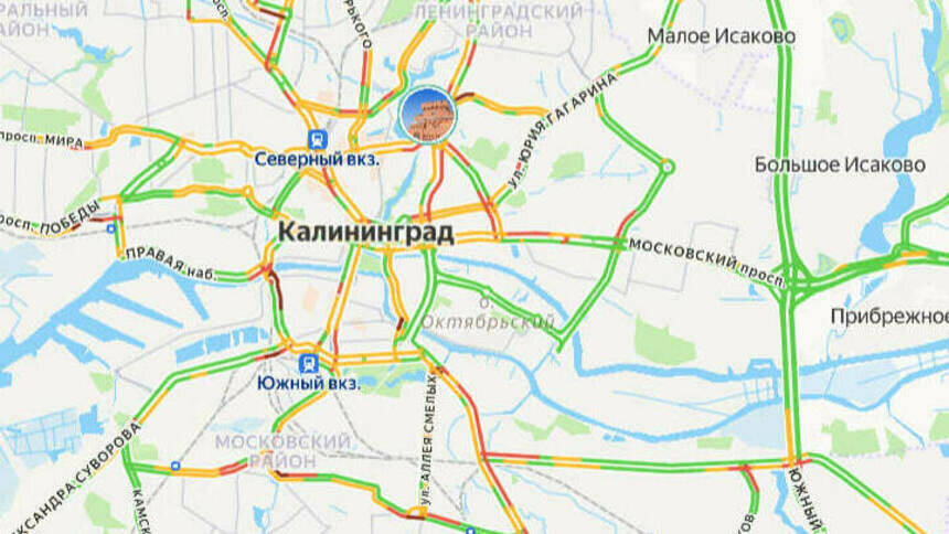 В центре проехать трудно: карта пробок в Калининграде на утро среды - Новости Калининграда | Скриншот сервиса «Яндекс. Карты»
