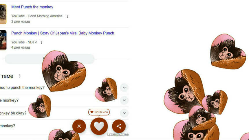 Google запустил «сердечную» акцию в честь обезьянки Панти из японского зоопарка, которого бросила мать - Новости Калининграда | Скриншот Google