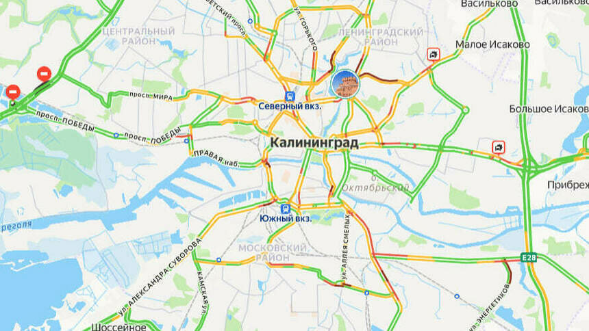 Две аварии: карта пробок в Калининграде на утро пятницы - Новости Калининграда | Скриншот сервиса «Яндекс. Карты»