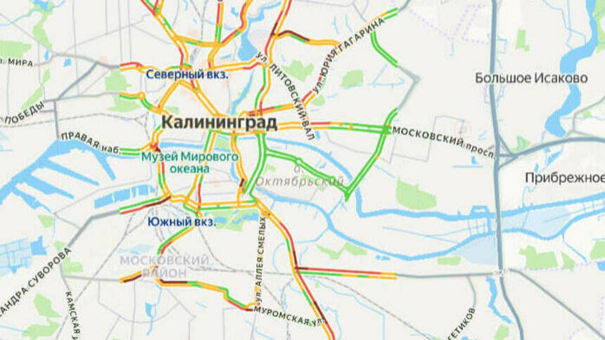 Ситуация — 7 баллов: карта пробок в Калининграде на утро среды - Новости Калининграда | Скриншот сервиса «Яндекс. Карты»