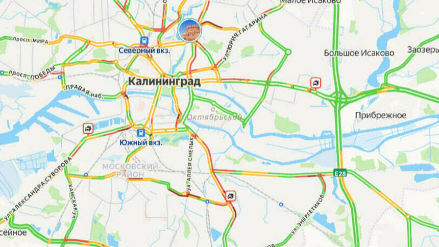 Три аварии: карта пробок в Калининграде на утро среды - Новости Калининграда | Скриншот сервиса «Яндекс. Карты»