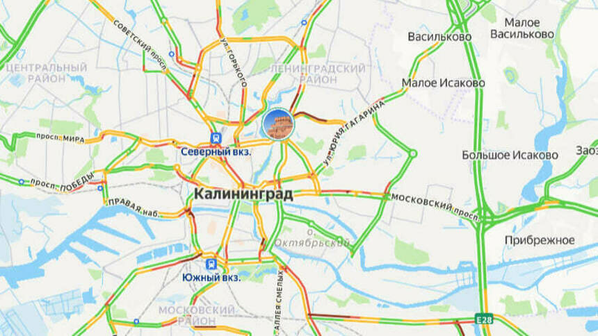 Ситуация на дорогах — 8 баллов: карта пробок в Калининграде на утро пятницы - Новости Калининграда | Скриншот сервиса «Яндекс. Карты»