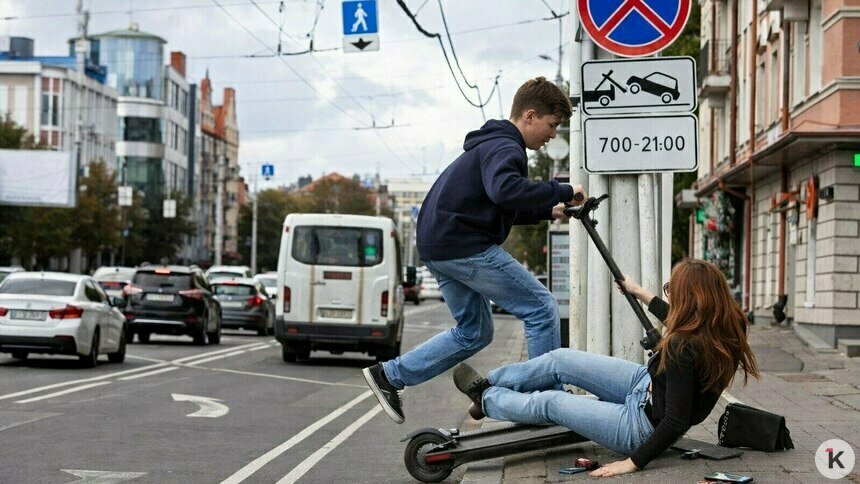 «Он просто сказал извините — и удрал»: на остановке в центре Калининграда самокатчик сбил женщину - Новости Калининграда | Иллюстрация: Midjourney
