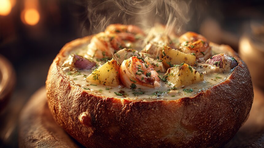 Простой обед в стиле Бостона: как приготовить дома сливочный суп клэм-чаудер с морепродуктами  - Новости Калининграда | Иллюстрация: Ксения Александрова / «Клопс»