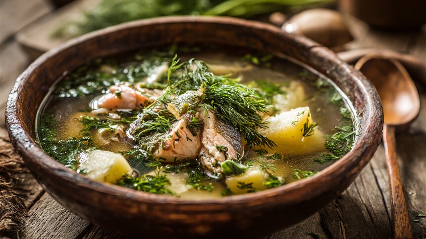 Старинное русское блюдо с капелькой водки: пробуем готовить наваристую уху из трёх видов рыбы   - Новости Калининграда | Иллюстрация: Ксения Александрова / «Клопс»