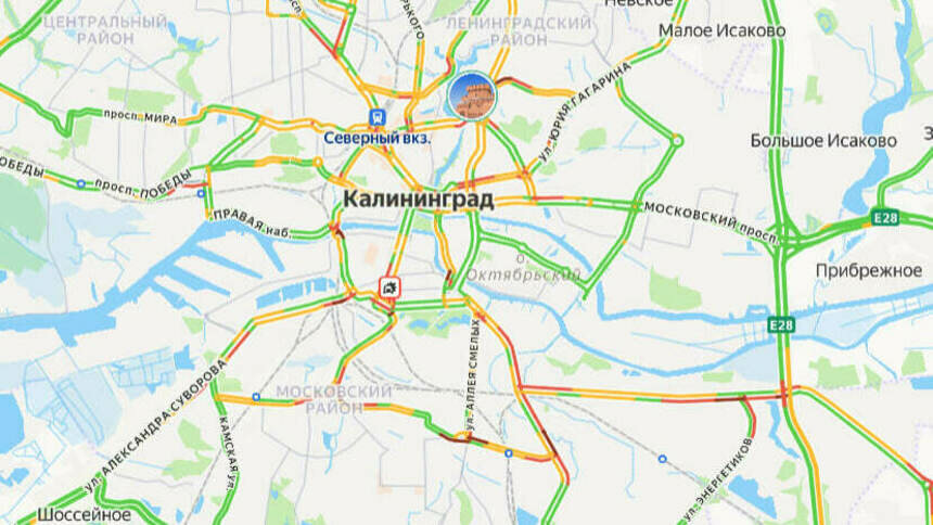 Одна авария: карта пробок в Калининграде на утро среды - Новости Калининграда | Скриншот сервиса «Яндекс. Карты»