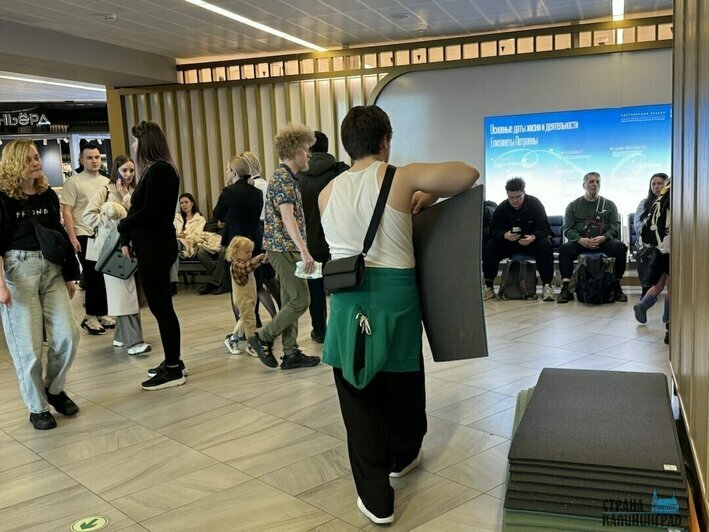 «Народ активно разбирает»: из-за продолжающегося коллапса пассажирам Храброво начали раздавать коврики (фото) - Новости Калининграда | Фото: Евгения Иванкова / «Страна Калининград»