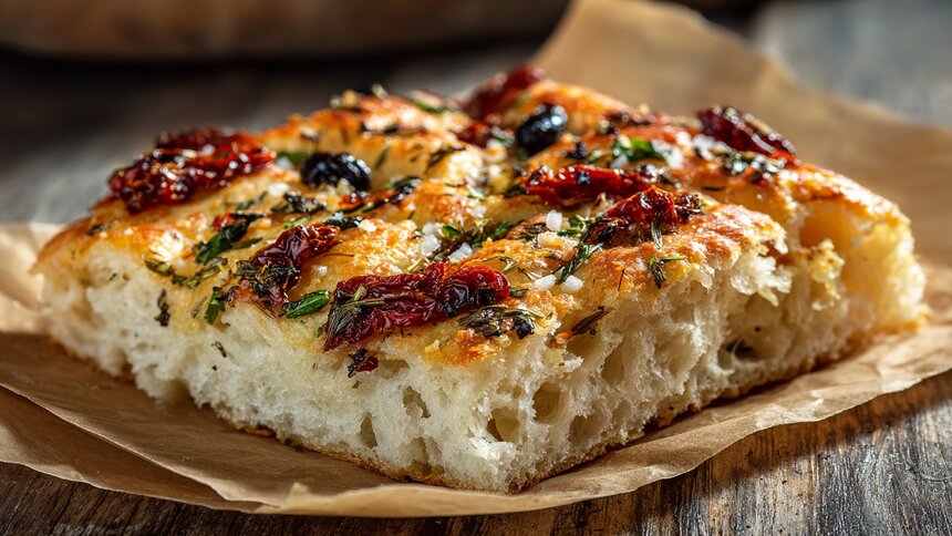 Аромат, от которого слюни текут рекой: кулинары раскрыли секрет воздушной фокаччи с томатами и оливками  - Новости Калининграда | Иллюстрация: Ксения Александрова / Midjourney