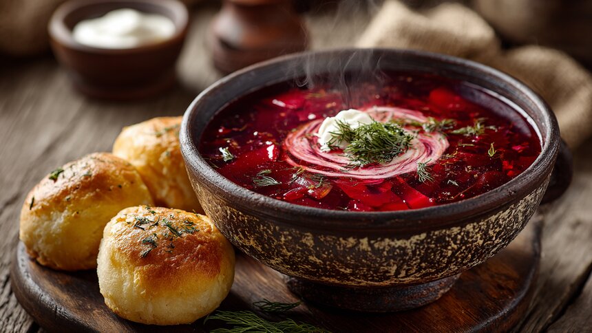 Багровый король с чесночными пампушками: раскрываем секрет божественного борща на говядине  - Новости Калининграда | Иллюстрация: Ксения Александрова / «Клопс»