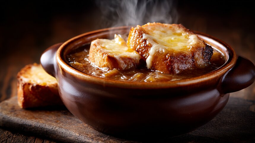 Минимум ингредиентов – максимум вкуса: простой рецепт ароматного лукового супа с сырной шапкой  - Новости Калининграда | Иллюстрация: Ксения Александрова / «Клопс»