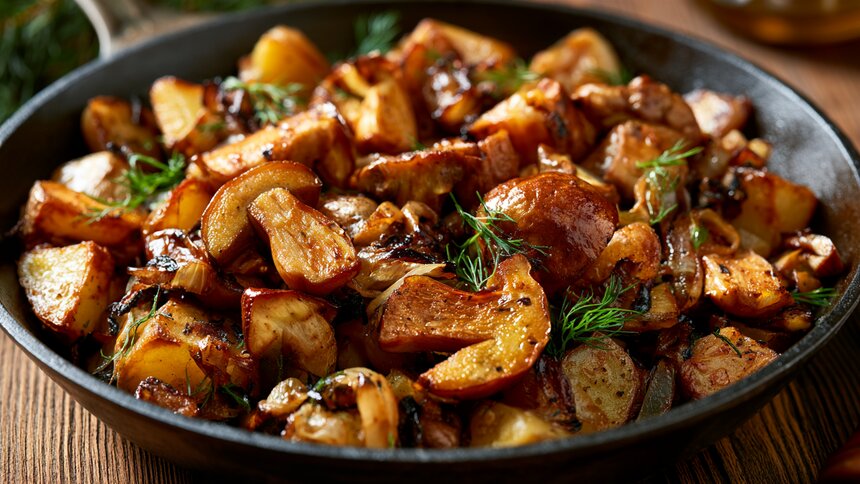 Семейный поход в лес за грибами обернулся вкуснейшим обедом: готовим дома жареные подберёзовики с картошкой  - Новости Калининграда | Иллюстрация: Ксения Александрова / «Клопс»